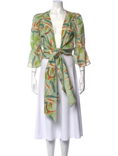 Pre-owned Juan De Dios Linen Floral Print Blouse In Green