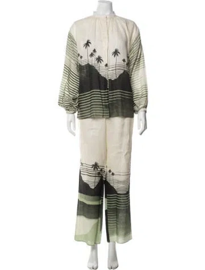 Pre-owned Juan De Dios Linen Graphic Print Pant Set In Neutrals