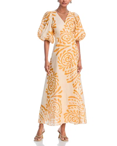 Juan De Dios Linen Printed Midi Dress In Ecru Yellow Arabesque