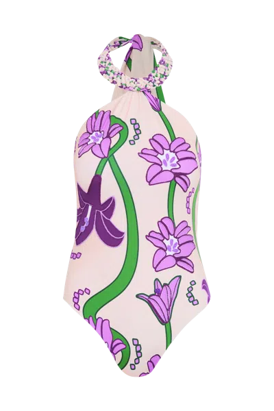 Juan De Dios Torre Del Cielo Embroidered One Piece / Beige Violet Flowers In White