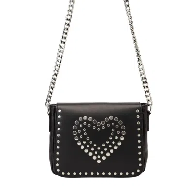 Juan-jo Women's Black Leather Crossbody With Silver Heart Studded
