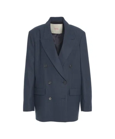 Jucca Double-breasted Pinstripe Blazer With Rever Collar And Flap Pockets In Blue