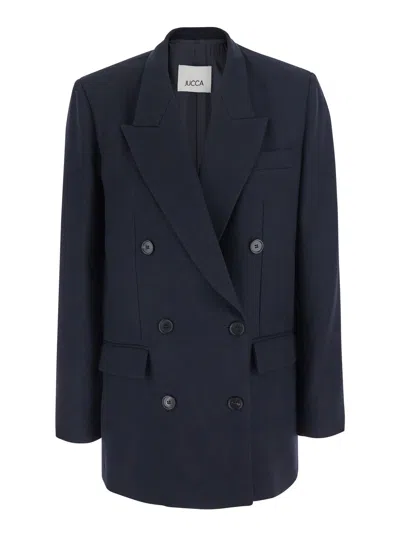 Jucca Double-breasted Notched Revers Blazer With Flap Pockets And Back Vent In Blu