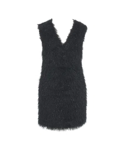 Jucca Fringed Mini Dress With Deep V-neckline And Shimmering Texture In Black