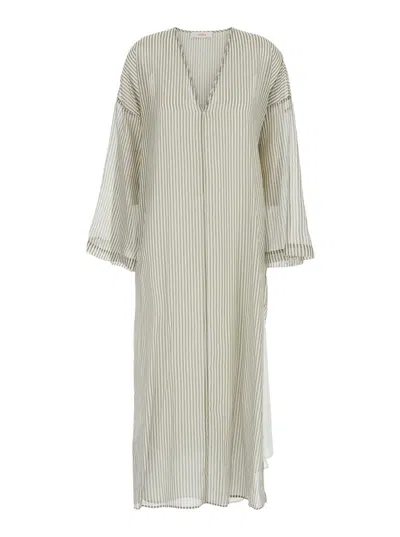 Jucca Green Caftan With V Neckline And All-over Striped Motif In Cotton And Silk Blend Woman