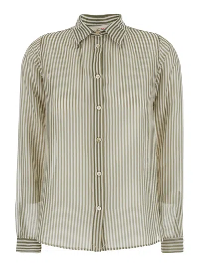 Jucca Green Shirt With Classic Collar And All-over Striped Motif In Mixed Cotton And Silk Woman