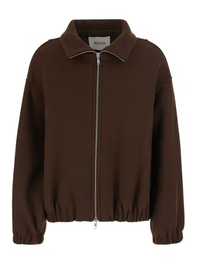 Jucca High-collar Wool-blend Bomber Jacket With Dropped Shoulders And Elasticized Cuffs In Brown
