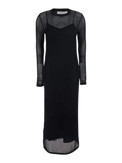 Jucca Long Black Dress With Long Sleeves And Perforated Details In Gray