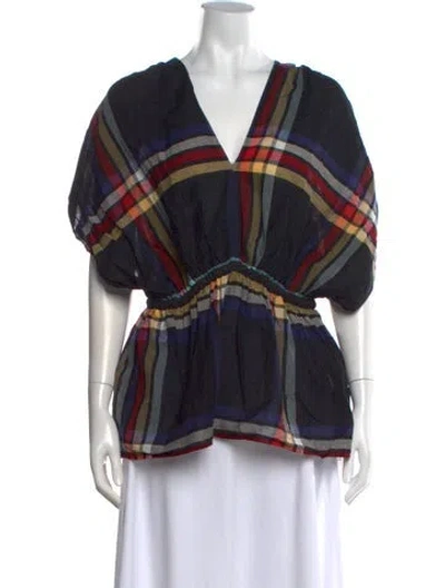 Pre-owned Jucca Plaid Print V-neck Top In Black