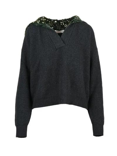Jucca Polo Sweater With Sequin-embellished Collar And Ribbed Knit Finish In Blue
