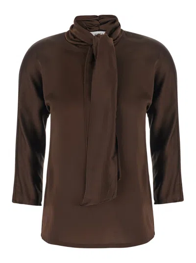 Jucca Silk Bow Neck Long-sleeve Top For Women In Brown