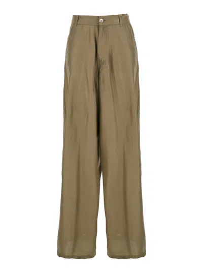 JUCCA GREEN SILK PANTS WITH BELT LOOPS AND LOGO PATCH ON THE REAR IN SILK WOMAN