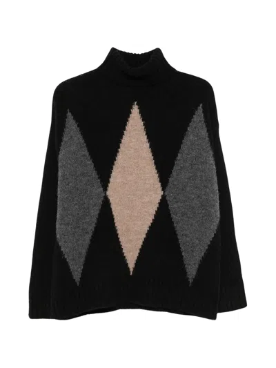 Jucca Turtleneck Knit Poncho With Diamond Pattern In Black