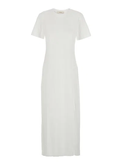 Jucca White Dress With Round Neck And Front Single Slit In Cotton Woman In Gold