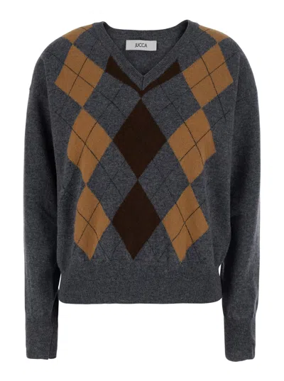 Jucca Women's Argyle Diamond V-neck Wool Sweater In Grey