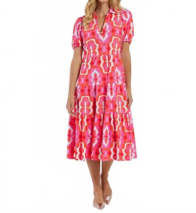 Jude Connally Portia Puff Sleeve Midi Dress In Butterfly Tile Sorbet In Multi