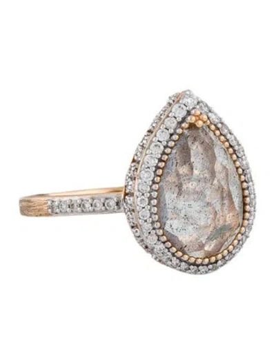 Pre-owned Jude Frances 18k Diamond, Topaz & Labradorite Doublet Provence Pave Trio Cocktail Ring In Multi