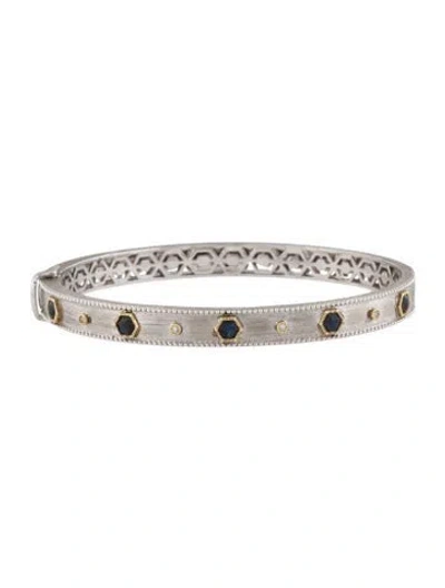 Pre-owned Jude Frances Labradorite & Diamond Hinged Bangle Bracelet, 8" In Multicolor