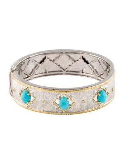 Pre-owned Jude Frances Turquoise & Diamond Mixed Metals Wide Bangle Bracelet, 6.5" In Multi