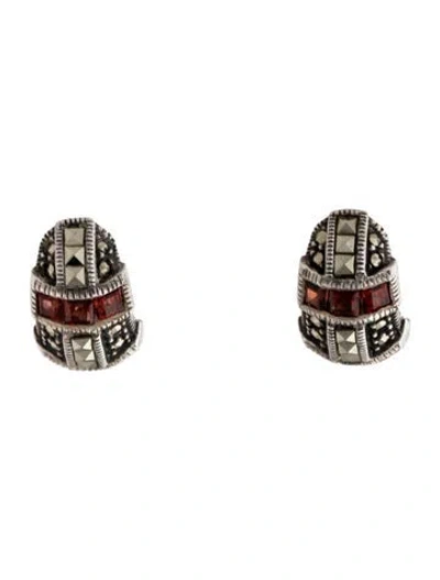Pre-owned Judith Jack Crystal & Marcasite Huggie Earrings In Red