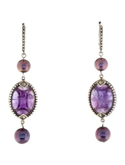 Pre-owned Judith Jack Dyed Pearl, Amethyst & Marcasite Drop Earrings In Multi