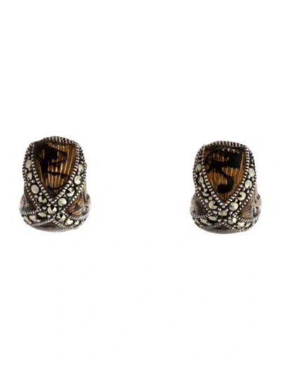Pre-owned Judith Jack Enamel & Marcasite Huggie Earrings In Black/gold