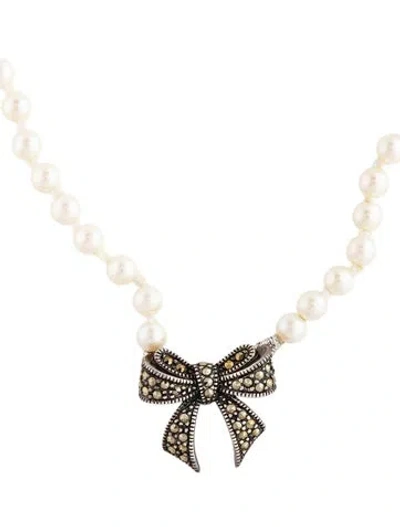 Pre-owned Judith Jack Faux Pearl & Marcasite Bow Pendant Necklace, 16" In White