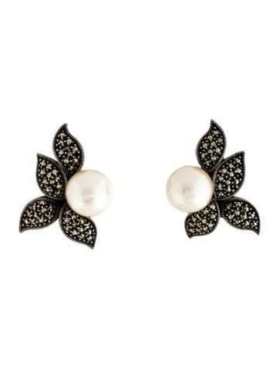 Pre-owned Judith Jack Faux Pearl & Marcasite Floral Earclip Earrings In White