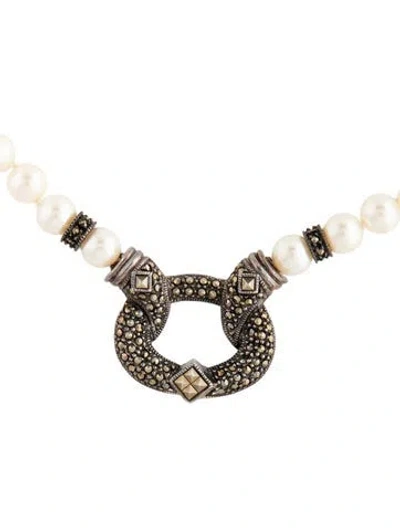 Pre-owned Judith Jack Faux Pearl & Marcasite Pendant Necklace, 16" In White
