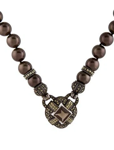 Pre-owned Judith Jack Faux Pearl, Smoky Quartz & Marcasite Pendant Necklace, 16.5" In Multi