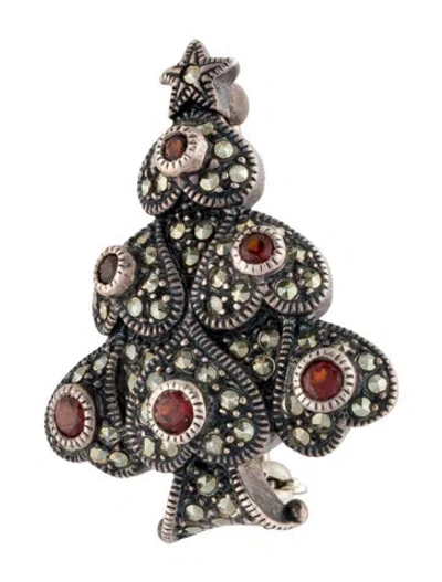 Pre-owned Judith Jack Garnet & Marcasite Christmas Tree Brooch In Multi