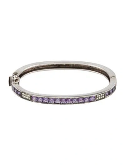 Pre-owned Judith Jack Marcasite & Amethyst Hinged Bangle Bracelet, 6.5" In Multicolor