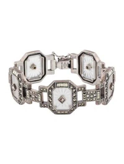 Pre-owned Judith Jack Marcasite And Crystal Link Bracelet, 6" In Clear