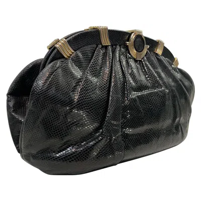 Pre-owned Judith Leiber 1980s  Black Lizard Convertible Clutch Handbag W/ Obsidian Cameo