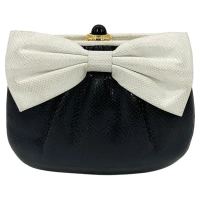 Pre-owned Judith Leiber Black And White Lizard Bow Front Clutch