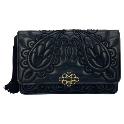 Pre-owned Judith Leiber Black Embroidered Leather Tassel Clutch