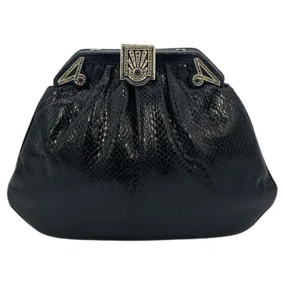 Pre-owned Judith Leiber Black Lizard Art Deco Crystal Top Clutch