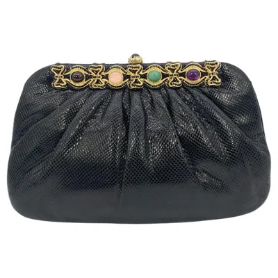 Pre-owned Judith Leiber Black Lizard Black Crystal Multi Color Gemstone Clutch