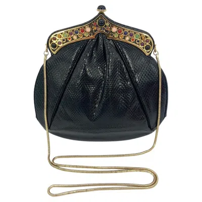 Pre-owned Judith Leiber Black Lizard Gemstone Top Shoulder Bag