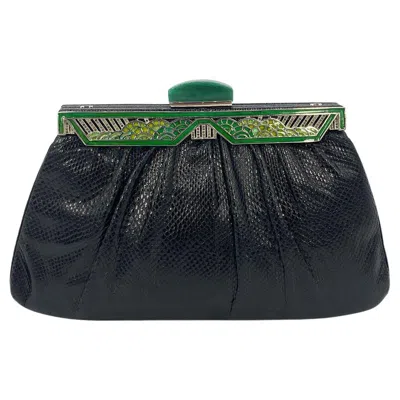 Pre-owned Judith Leiber Black Lizard Green Enamel Top Clutch