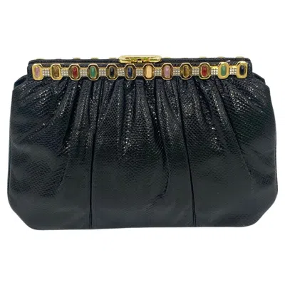 Pre-owned Judith Leiber Black Lizard Multi Color Gemstone Top Clutch