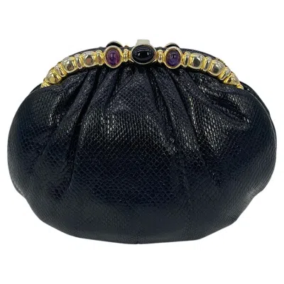 Pre-owned Judith Leiber Black Lizard Purple & Black Gemstone Top Clutch