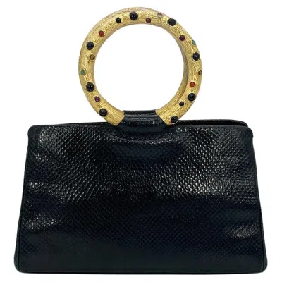 Pre-owned Judith Leiber Black Lizard Round Gold Gemstone Top Handle Bag
