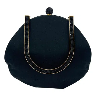 Pre-owned Judith Leiber Black Silk Crystal Fold Over Handle Clutch