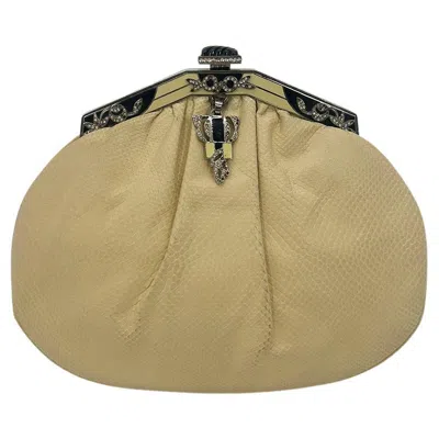 Pre-owned Judith Leiber Cream Matte Lizard Clutch With Enamel Crystal Top In White
