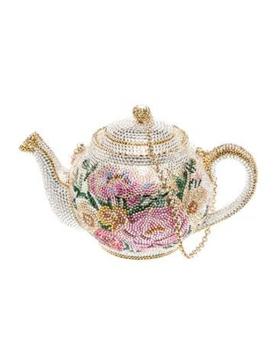 Pre-owned Judith Leiber Crystal Teapot Minaudière In Metallic/silver