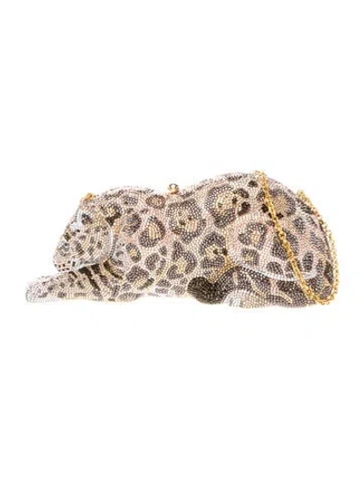 Pre-owned Judith Leiber Crystal Wildcat Snow Leopard In Neutrals
