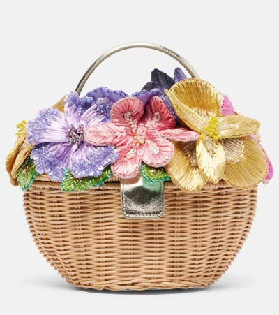Judith Leiber Dorothy Floral-appliqué Wicker Top-handle Bag In Multi