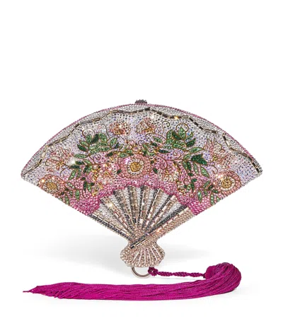 Judith Leiber Embellished Pink Blossoms Fan Clutch Bag