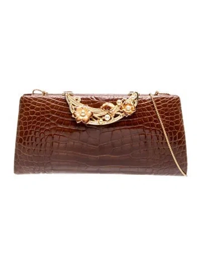Pre-owned Judith Leiber Embossed Leather Clutch In Brown